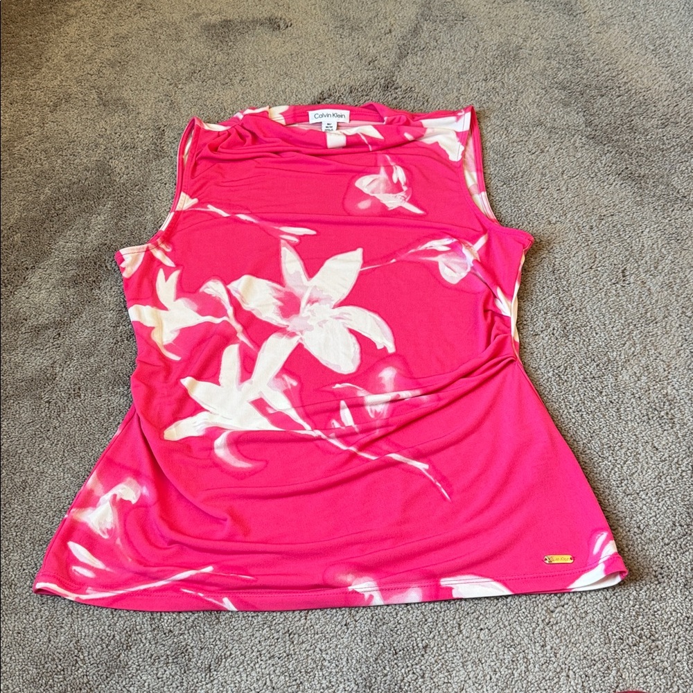 Calvin Klein Pink White Floral Ruched Sleeveless Stretch Blouse SIZE M